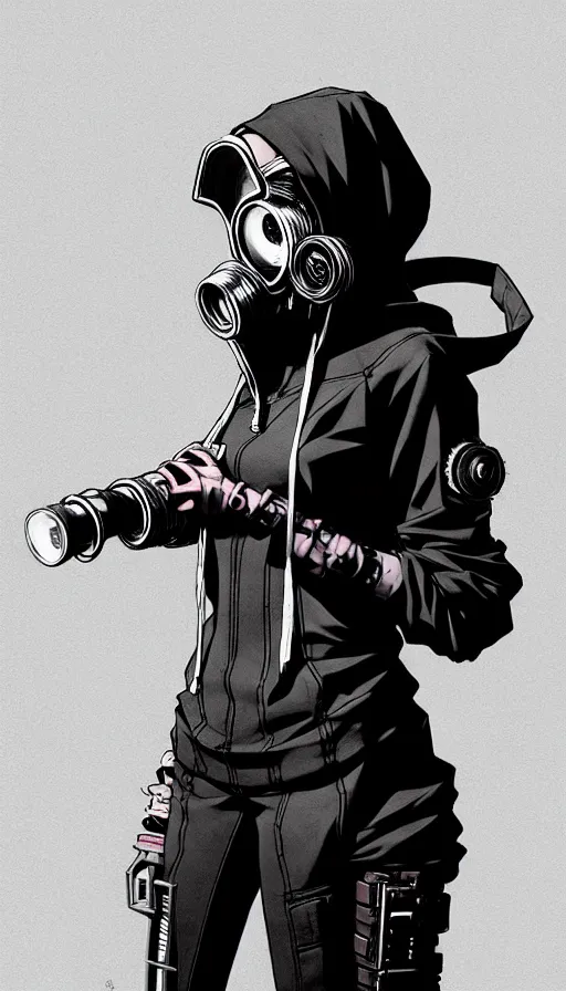 Image similar to cyberpunk anime girl in hoodie, cyberpunk gas mask, 3 / 4 shot, street night, grafity, beautiful face, grafity, arcane, action, tokyo street, detail, good face, pose model, concept art, in style of yoji shinkawa, pan ren wei, col price, atey ghailan, by greg rutkowski, aesthetic