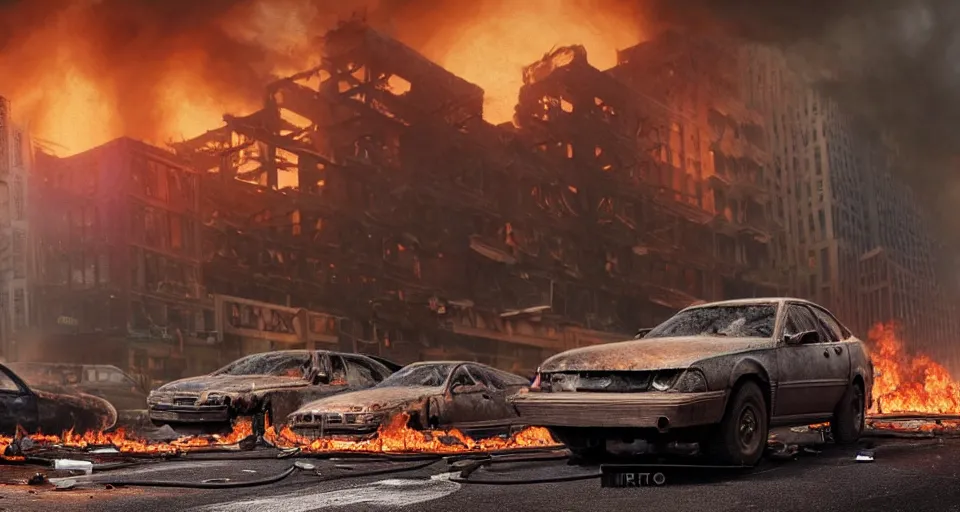 Prompt: A beautiful hyper realistic ultra detailed lifelike matte painting of a scruffy grey Timber Wolf standing in the middle of a destroyed New York City street with cars and buildings engulfed in flames on fire, unreal engine, deviantart, flickr, artstation, octane render, dimly lit, textured, colorful, extreme realistic detail, physically based rendering, pbr render, very detailed, volumetric lighting, detailed lighting, octane render, 4k, cinematic lighting, 8k resolution