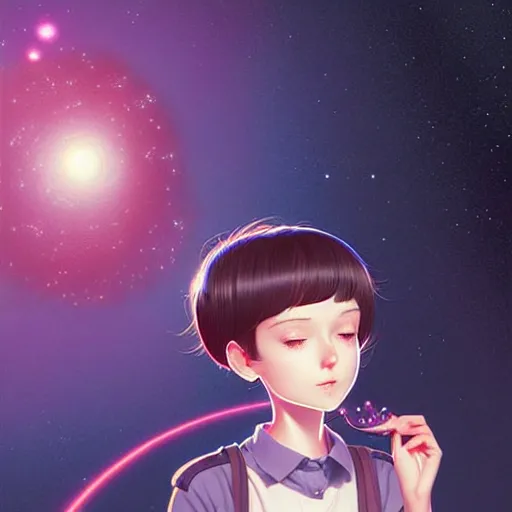 Image similar to cute impoverished college stoner woman studies pulsar stars. short silky hair, velvet, film, occlusion, shadow, specular reflection, rim light, artstation, pinterest, art by range murata and ilya kuvshinov, intricate highly detailed 8 k illustration, surreal