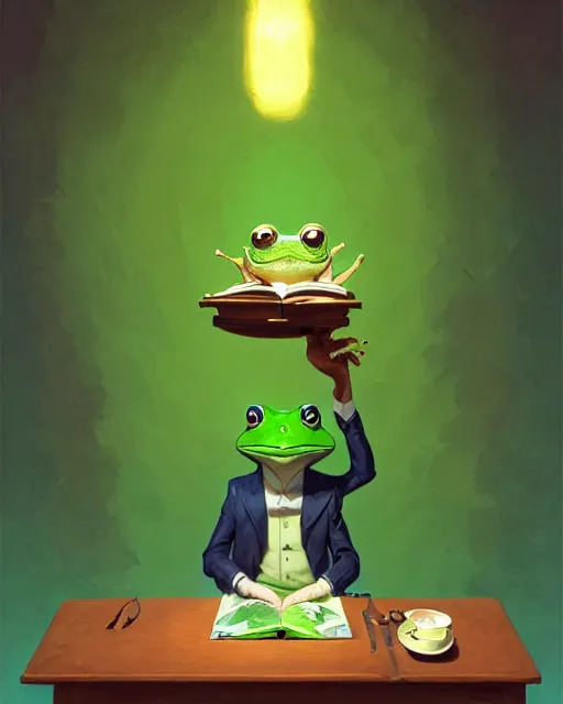 Image similar to anthropomorphic art of an elegant green frog, dressed as dendy, at the mushroom table, reading a book, by artgerm, victo ngai, ryohei hase, artstation, highly detailed digital painting, smooth, global illumination, fantasy art by greg rutkowsky, karl spitzweg, leyendecker