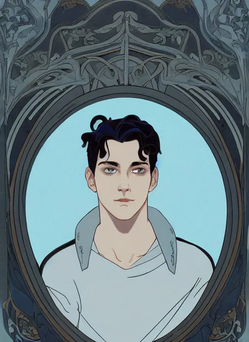 Image similar to well - lit art nouveau portrait of a young man with short black hair, light blue eyes, pale skin, serious expression, jeans and a black hoodie, natural lighting, path traced, highly detailed, high quality, cartoon, digital painting, by don bluth and ross tran and studio ghibli and alphonse mucha