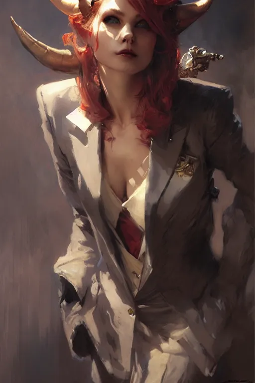 Image similar to well dressed woman in a suit with a sly smile and demon horns portrait dnd, painting by gaston bussiere, craig mullins, greg rutkowski, yoji shinkawa