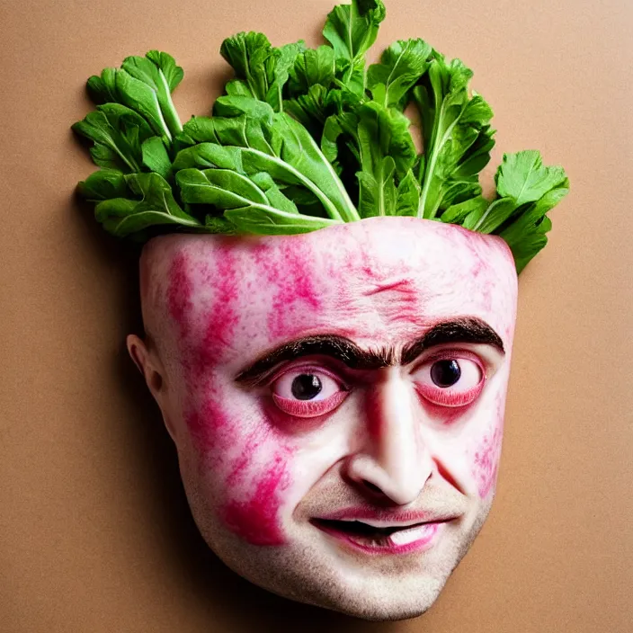 Prompt: face made of radish made of daniel radcliffe, professional food photography, high detail portrait photo