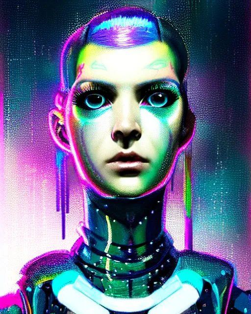 Prompt: detailed portrait of Punk girl, standing hair line Sheen Holographic Futuristic sci-fi fashion cyberpunk, (neotokyo), synthwave, (aesthetics), futuristic, bladerunner movie scene by ismail inceoglu dragan bibin hans thoma greg rutkowski Alexandros Pyromallis Nekro Rene Margitte illustrated Perfect face, fine details, realistic shaded, fine-face, pretty face sharp chine