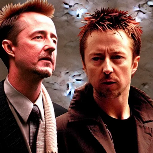 Prompt: edward norton & thom yorke in a fight club scene