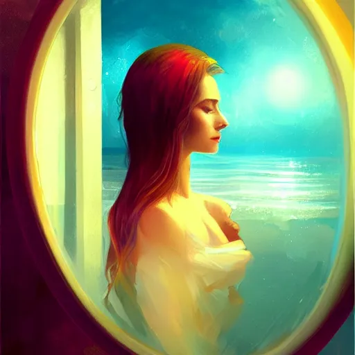 Prompt: captivating beautiful woman looking at her reflection in a ocean, mirror glass aesthetic. rich vivid colors, ambient lighting, dynamic lighting, 4 k, atmospheric lighting, painted, intricate, highly detailed by charlie bowater