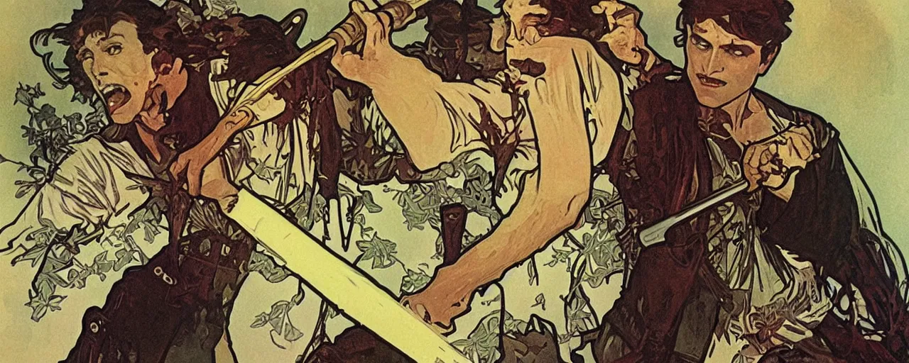 Prompt: A badass male nurse threatening a zombie with a baseball bat. highly detailed illustration by Alphonse Mucha