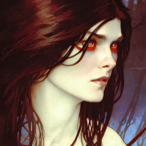 Image similar to Portrait of a pretty half-elf half-vampire young woman. Her hair has black strands and white strands. Her eyes have red irises and vertical pupils. Art by Greg Rutkowski and Alphonse Mucha