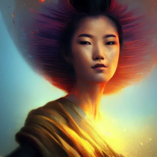 Image similar to semi semi realistic digital painting!! portrait of beautiful geisha flying over a lake filed with molten gold, volume lighting, concept art, by greg rutkowski, dramatic, xray melting colors!!