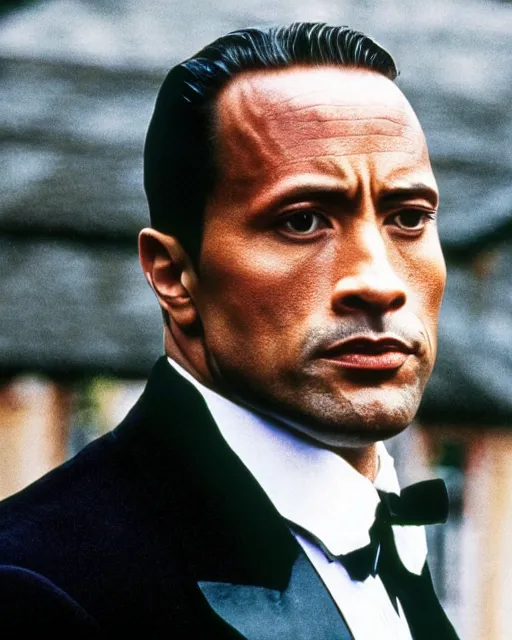 Image similar to film still close up shot of dwayne johnson as vito corleone from the movie the godfather. photographic, photography