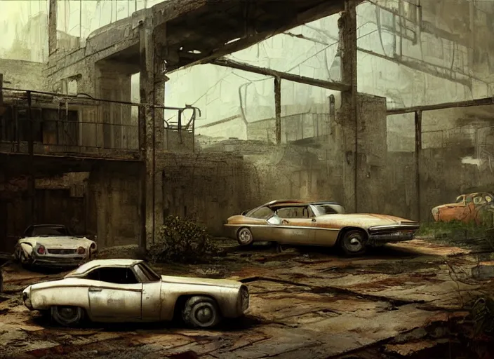 Prompt: an old retro car in a ruined penthouse, painting by craig mullins, octane rendering, soft morning lighting, wide angle lens, in the style of hayao miyazaki, trending on artstation,
