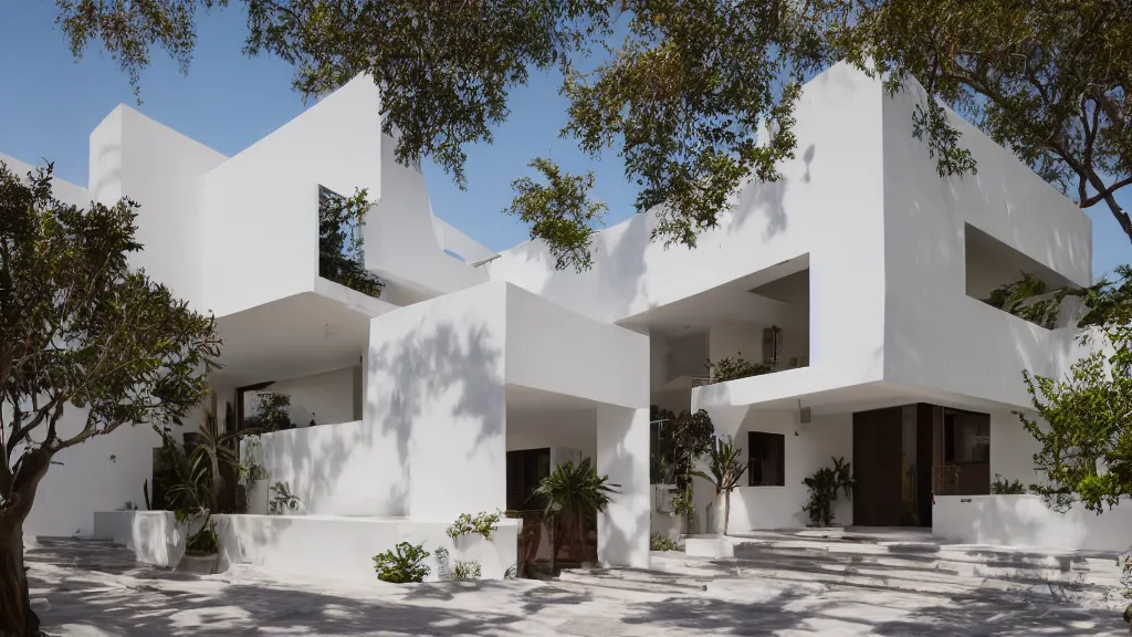 Prompt: Exterior photographs of a residential house design by Luis Barragán, Architectural photography, 14mm, cinematic photography, high resolution 4k