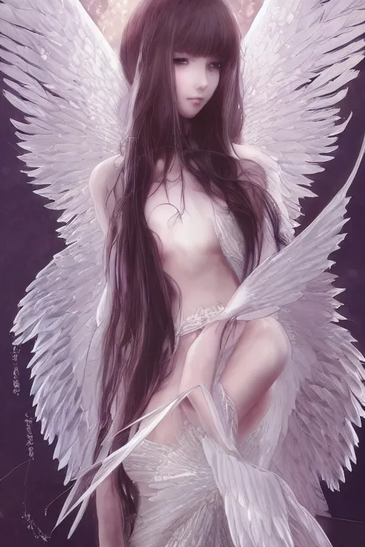 Image similar to beautiful anime maiden with angelic wings, intricate, elegant, highly detailed, artstation, concept art, illustration, art by Yoshitaka Amano, Sakimichan, Kuvshinov Ilya, tsuaii