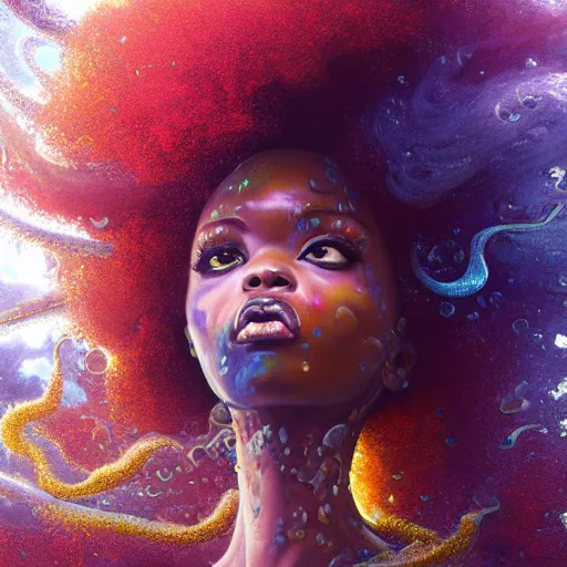 Image similar to ultra detailed illustration of a angry afro american anime girl covered in a sea of iridecent liquid, chrome metal material, lost in a dreamy oriental realm by Karol Bak, Ruan Jia, Moebius, hiroshi yoshida, Druillet, colorful, front view, vivid colors, 8k, coherent, anime vibes, uplifting, magical composition, artstation, synthwave, 8k, coherent, artgerm, uplifting, unreal engine, magical composition, artstation,