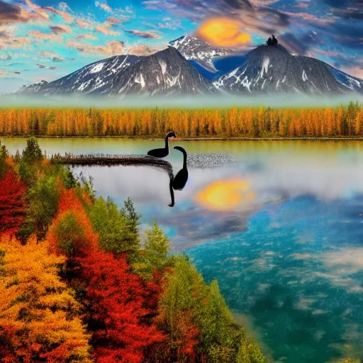 Image similar to photo of two black swans touching heads in a beautiful reflective mountain lake, a colorful hot air balloon is flying above the swans, hot air balloon, intricate, 8k highly professionally detailed, HDR, CGsociety