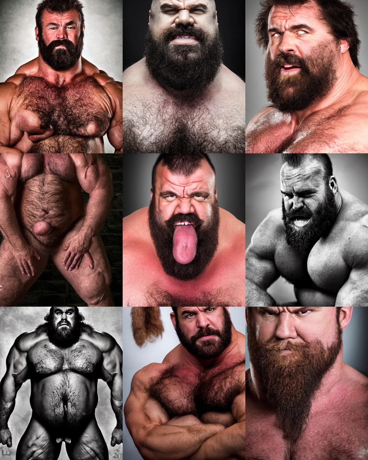 Prompt: portrait of a massive hairy thick muscular masculine dumb strongman drooling, photography, highly detailed, high definition, 4 k, 8 k