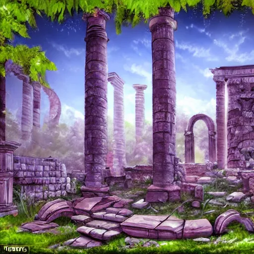 Prompt: ancient ruins in a forest,retrowave art,trending on art station