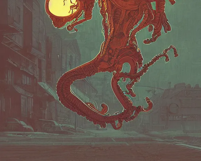 Image similar to a study of cell shaded cartoon of a xenomorph on a country road, street lamps, road, illustration, wide shot, subtle colors, post grunge, concept art by josan gonzales and wlop, by james jean, Victo ngai, David Rubín, Mike Mignola, Laurie Greasley, highly detailed, sharp focus, alien, Trending on Artstation, HQ, deviantart, art by artgem