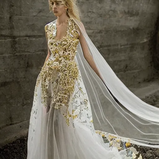 Image similar to a long wedding dress with a train made of flower petals made of light - colored fabric. transparent in places. in places, patterns of precious stones. intricate patterns of gold thin threads. fantasy. clear details