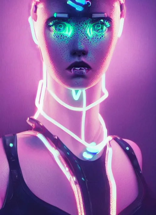 Image similar to a sensual caucasian female humanoid with freckles, cyber neon lighting, futurism, intricate futuristic jewelry accessories, cyberpunk high fashion, profile posing, hyper photorealistic, crispy quality, digital photography, trending in artstation, trending in pinterest, cinematic, 4 k ultra hd, art by pascal blanche, art by greg rutkowski,