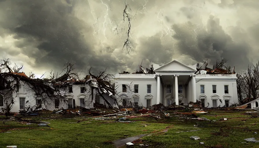 Image similar to white house destroyed by tornado, thunderstorm, rain, debris, black clouds, hyperdetailed, artstation, cgsociety, 8 k