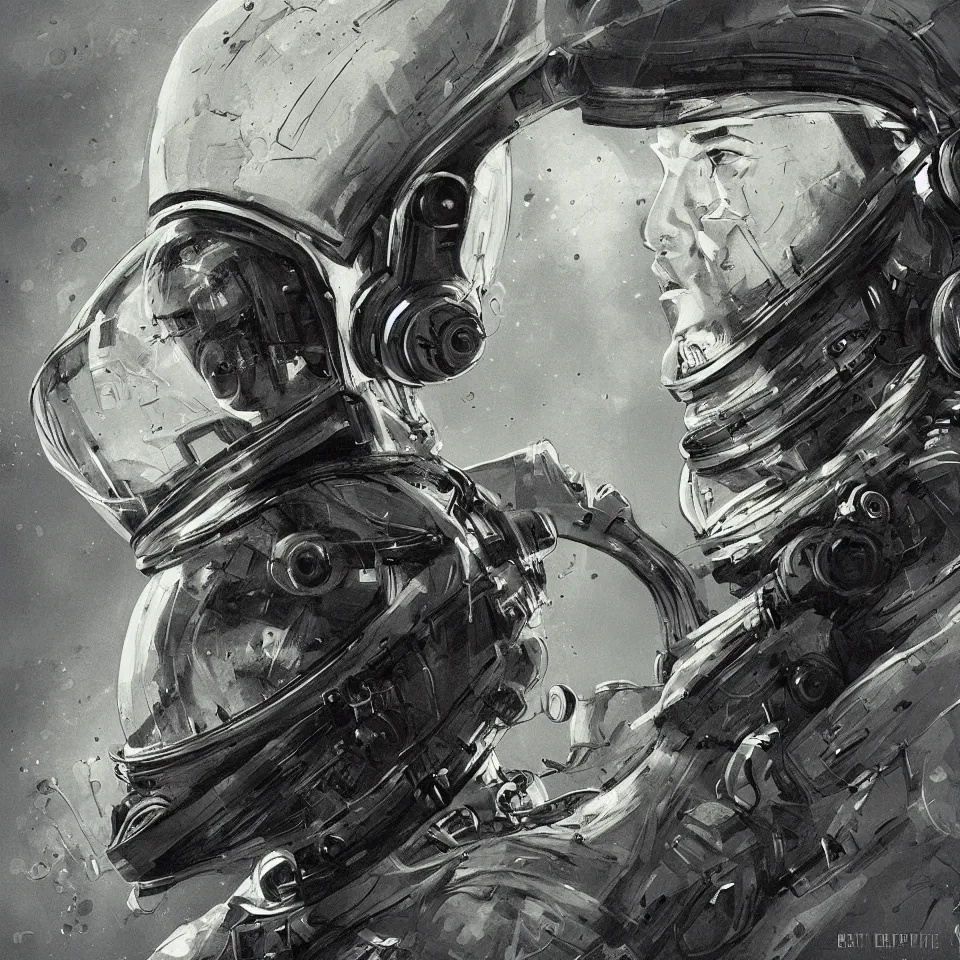 Image similar to album cover, portrait of a astronaut wearing head phones by ben templesmith, cinematic, epic composition, hd, digital painting, digital art, concept art, illustration, comic art, stylized, masterpiece, award - winning