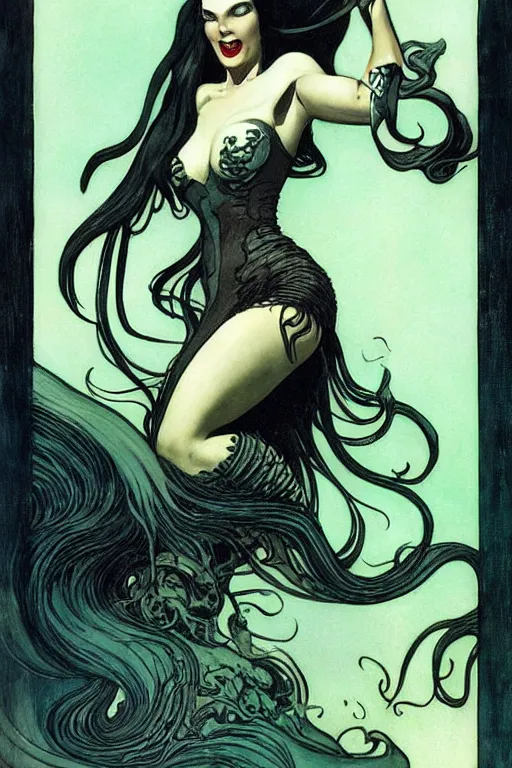Image similar to dark evil mermaid with long flowing hair, by N.C. Wyeth, j.c. leyendecker, Bernie Wrightson, face by Otto Schmidt