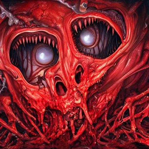 Image similar to conjoined demon twins emerging from corpses in a red hellscape covered in blood by Yoshitaka Amano, by HR Giger, biomechanical, 4k, hyper detailed, hyperrealism, anime, red sky, blood and body parts, deviantart, artstation