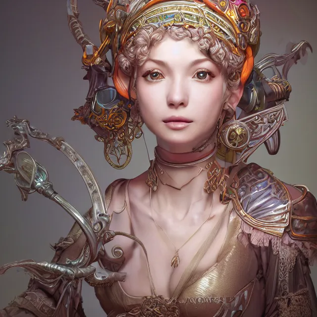 Image similar to studio portrait of neutral good colorful female cleric bard healer as absurdly beautiful, elegant, young skinny gravure idol, ultrafine hyperrealistic detailed face illustration by kim jung gi, irakli nadar, intricate linework, sharp focus, bright colors, matte, octopath traveler, final fantasy, unreal engine highly rendered, global illumination, radiant light, intricate environment