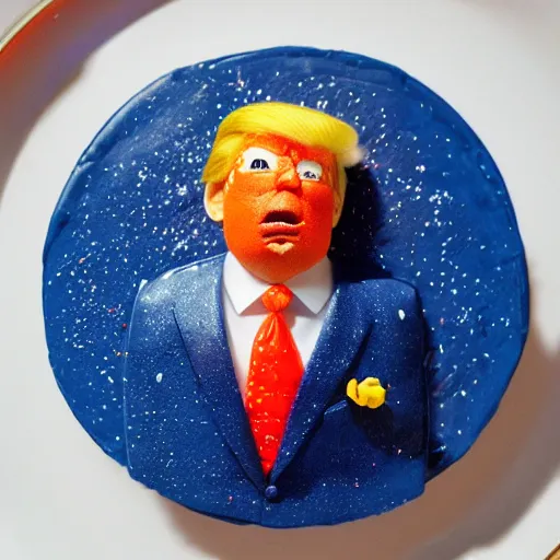 Image similar to edible donald trump made step by step : 1 ) face is made of orange pieces 2 ) hair is made of shredded lemon skin 3 ) suit is made of blueberries and whipped cream 4 ) fine details are filled in using sprinkles, from the beautiful'food art collection ', dslr
