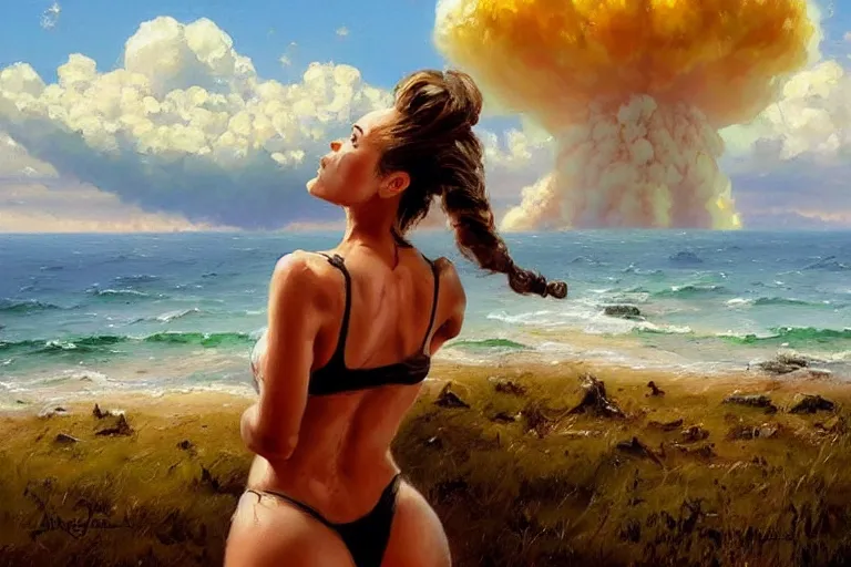 Prompt: girl with a ponytail wearing bikini looking at a nuclear bomb test, expressive oil painting, digital art, high quality, by michael garmash, by rob rey, by artgerm, by greg rutkowski, beautiful girl, apocalyptic, huge nuclear mushroom cloud