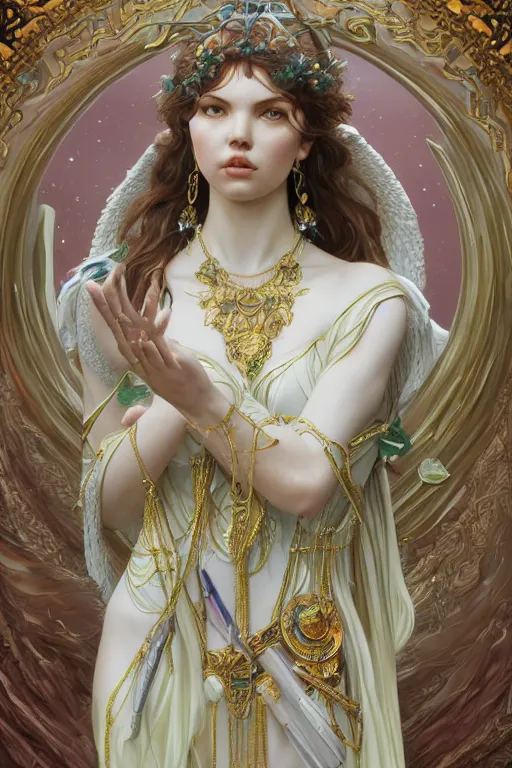 Prompt: ultra realistic illustration, a jade statue of hannah murray as the goddess artemis, intricate, elegant, highly detailed, digital painting, artstation, concept art, smooth, sharp focus, illustration, art by artgerm and greg rutkowski and alphonse mucha