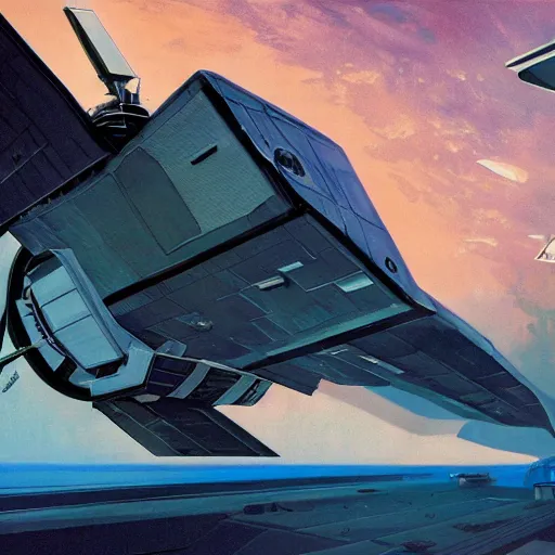 Image similar to concept art, transport spacecraft, exterior, Syd Mead, very wide view, atmospheric, epic composition