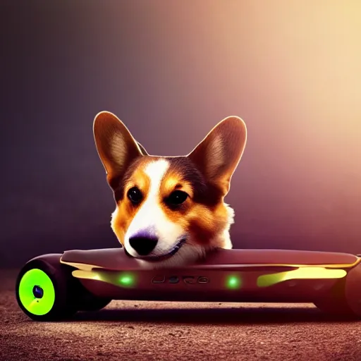 Prompt: corgi riding a hoverboard concept art, ultra realistic, digital art, rich deep colors, smooth shadows, high resolution, cinematic