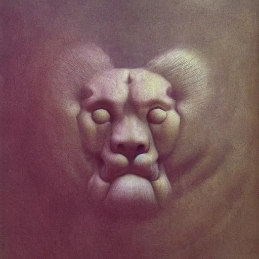 Prompt: cherub with four faces : man, lion, eagle, bull. drawn by zdzislaw beksinski