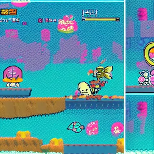 Prompt: 2d side scrolling game set in an underwater dystopia in the style of sanrios hello kitty franchise with fish and sea shells and radioactive waste littered about