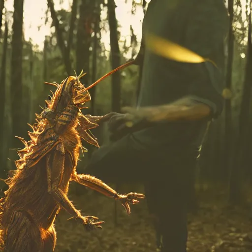 Prompt: werecreature consisting of a grasshopper and a human, golden hour, photograph captured in a forest