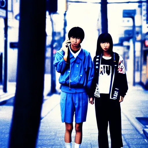 Prompt: ! dream japanese teenagers male and female, street photography in the 8 0 s, blue scheme, economic boom, punks, highly realistic, photography, highly detailed, cinematic lighting, tokyo, fashion, wearing sony walkman and headphones