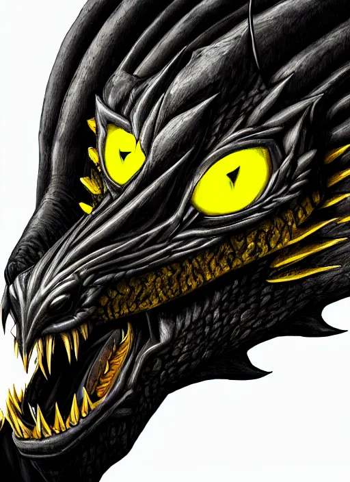 Image similar to closeup portrait of black dragon head with yellow eyes, ultra realistic, fantasy, magic, dnd,