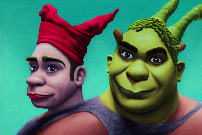 Prompt: painting of ricardo milos wearing a red bandana as shrek, highly detailed