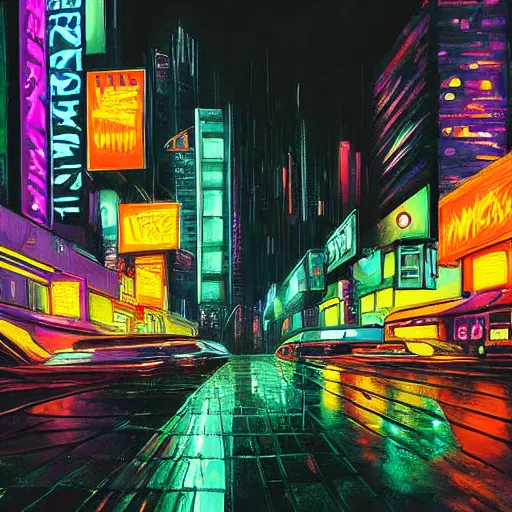 Prompt: cyberpunk neon city night with hooded figure painted by Turner