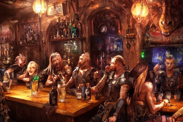 Prompt: warriors drinking in an irish pub, detailed faces, digital art, beautiful lighting, happy atmosphere, trending on artstation, by Yoshitaka Amano