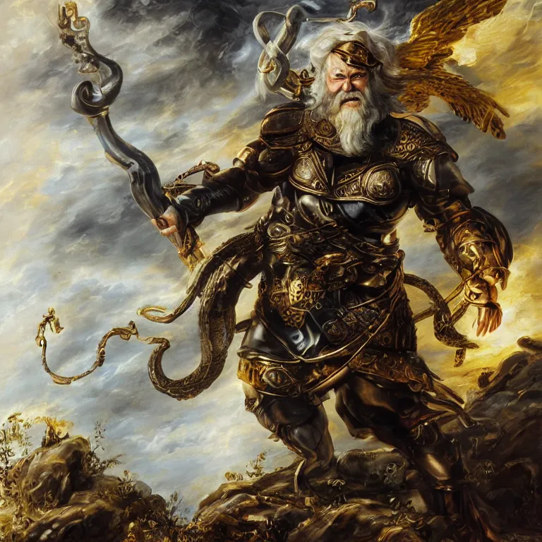 Image similar to mythological Odin all father god of thunder and artificial intelligence creating an artificial neural network with dark yellow synapses on an anvil, high resolution, award winning art, trending on art station, sharp image, incredibly detailed, odin all father detailed character realistic painting, painting by peter paul rubens