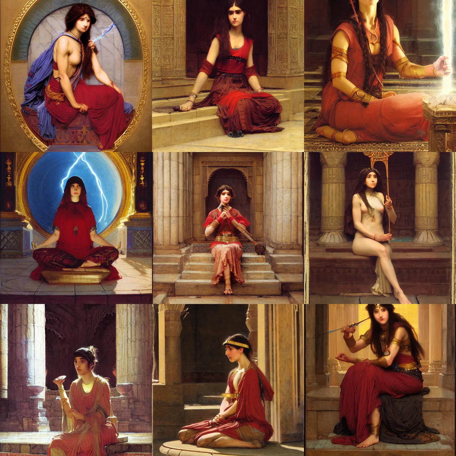 Prompt: orientalist portrait of a female mage casting a glowing lightning magic spell while sitting cross-legged in a sandstone temple intricate portrait by john william waterhouse and Edwin Longsden Long and Theodore Ralli and Henryk Siemiradzki, very coherent symmetrical artwork. Cinematic, hyper realism, high detail 8k