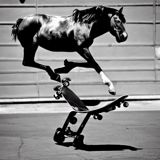 Image similar to a horse doing a kickflip on a skateboard while wearing sick 90's cool kid clothing