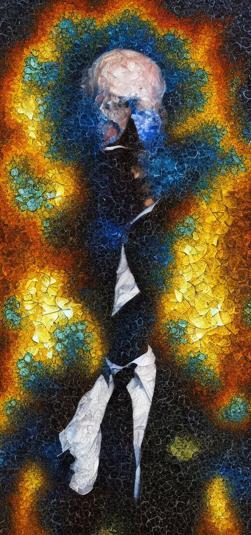 Image similar to oil painting of man in suit with mandelbrot fractal as head