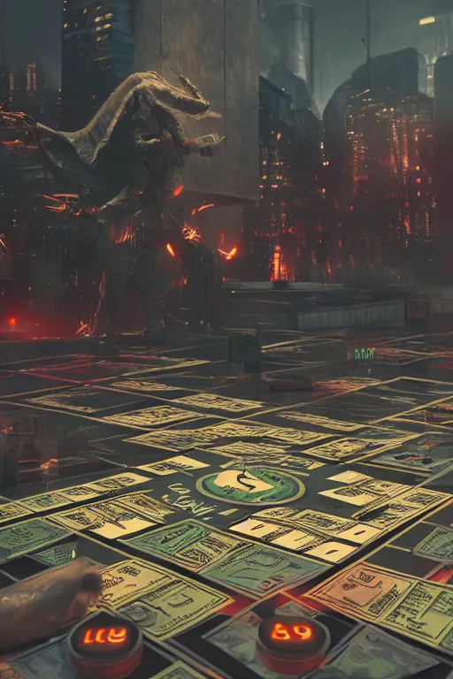 Image similar to A dystopian future in a life-size real life game of Monopoly, evil, demonic, angelic, environment concept, Rendered in Octane, trending on artstation, cgsociety, moody lighting rendered by octane engine, environment 8K artstation, cinematic lighting, intricate details, 4k detail post processing, hyperealistic, octane render, photo realism