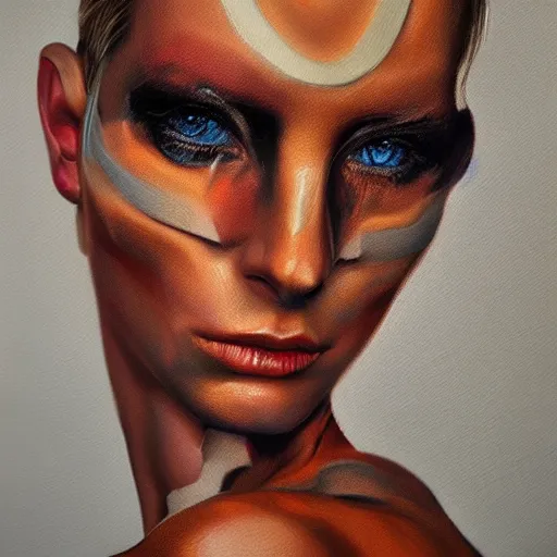 Image similar to cyborg fashion model, hyperrealism oil painting, matte