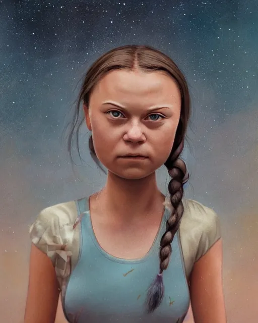 Image similar to closeup face profile portrait of greta thunberg as a soviet chernobyl space toy, bikini, depth of field, zeiss lens, detailed and intricate environment, fashion photoshoot by nicoletta ceccoli, mark ryden, lostfish, breathtaking, 8 k resolution, artistic, hyperrealistic, octane render