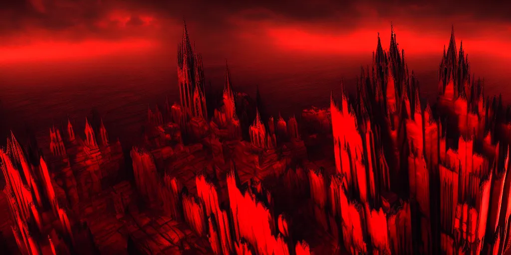 Prompt: dark gothic cathedral, gothic architecture, at the top of a red rock canyon, artstation concept art, beautiful matte painting, aerial view, red and orange and black color palette, chiaroscuro lighting